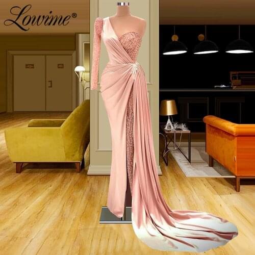 2021 Long Prom Dresses Pink Beaded Mermaid Evening Gowns Satin One Shoulder Plus Size Prom Dress Formal Celebrity Evening Wear