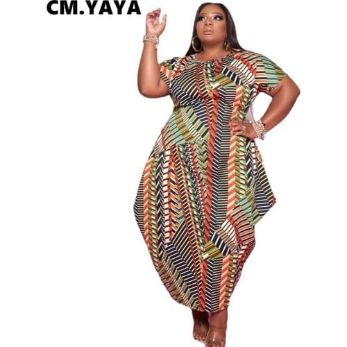 CM.YAYA Women Plus Size Dress Print Short Sleeve O-neck Loose Ankle Length Dresses Female High Street Fashion Casual Dress 2021