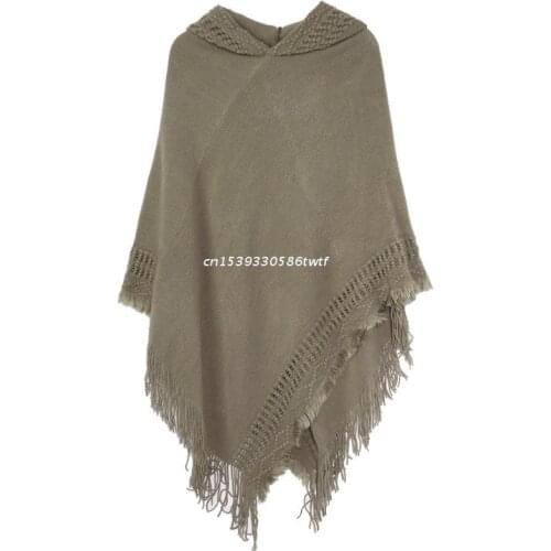 Women Winter Knit Hooded Poncho Cape Crochet Fringed Tassel Shawl Wrap Sweater Dropship