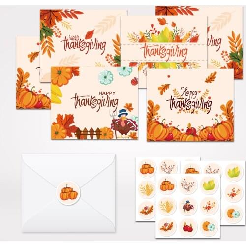 52pcs Happy Thanksgiving Festivals Theme Design Kraft Gift Cards Pumpkims Maple Leaves Greeting Cards Envelopes Stickers