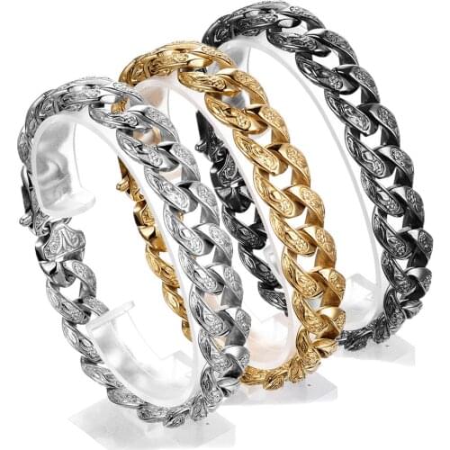 Hip-hop Silver Color/Gold/Black Stainless Steel Flower Pattern Cuban Curb Chain Mens Bracelet Wristband Biker Jewelry 9"*15mm