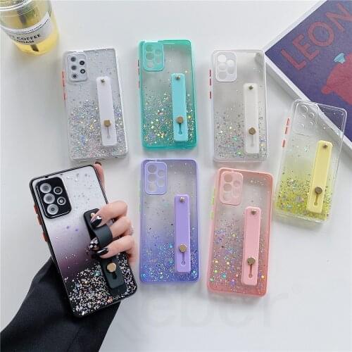 Bling Glitter Cell Phone Case For Huawei Y9 Prine 2019 Y9S Y9A Y7 Y6 Y5 Y8P Y7P Honor 8X 9X 10Lite Clear Wrist Strap Stand Cover