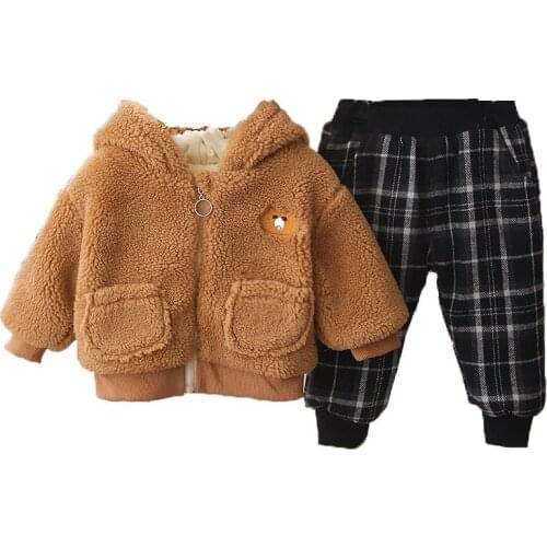 Warm Baby Girl Costume Set Winter Thick Plush Children Clothing Infant Hooded jacket +Pants Suit Autumn Toddler Kids clothes