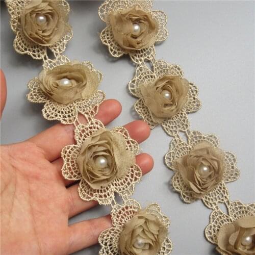 3D Gold Chiffon Pearl Rose Flower Embroidered Lace Trim Ribbon Fabric Patchwork Wedding Dress DIY Sewing Supplies Craft 5.5cm