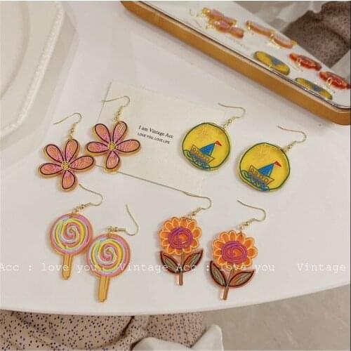 Lollipop Ferry Sunflower Trendy Geometric Acrylic Drop Earring for Women Pendant Earrings Cute Dangle Earrings Korean Jewelry