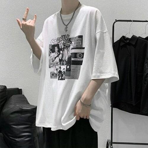 Summer cotton t-shirt black white printing men women short-sleeved Vintage trend all-match Japan student cool streetwear shirts