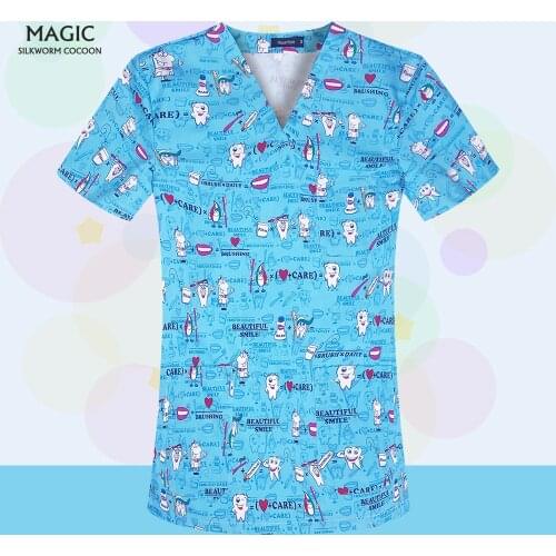 100%Cotton V-neck Printing Dental Clinic Work Top Chlorine Bleach Operating Room Scrubs Overalls Tooth Hospital Surgical Uniform