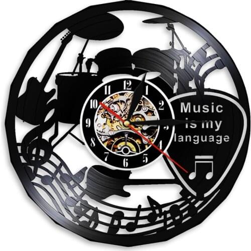 Music Is My Language Inspirational Quote Vinyl Record Wall Clock Bedroom Decor Rock Band Guitar Drums Carved Album Record Clock