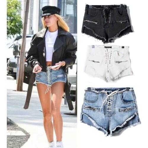 2021 Summer New Style European and American Style High Waist Lace-up Zipper Raw Edge Ripped Denim Shorts Womens Trend