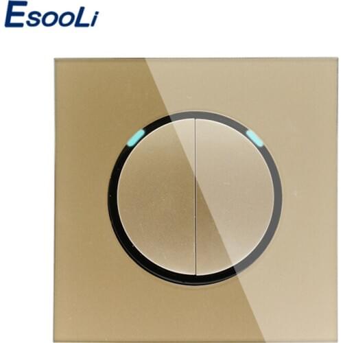 Esooli New Arrival Gold Crystal Glass Panel 2 Gang 1 Way Random Click On / Off Wall Light Switch With LED Indicator