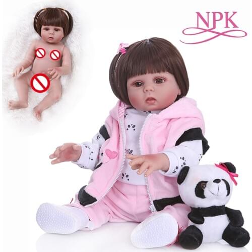 Straight hair 49CM bebe doll reborn toddler doll baby girl in panda dress full body soft silicone realistic baby bath toy