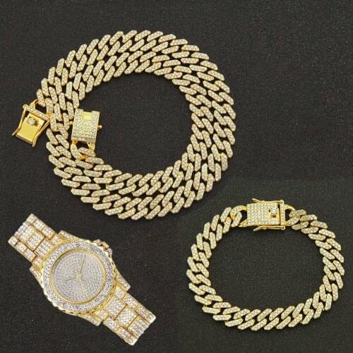 3pcs Kit Hip Hop Prong Necklace Baguette Bracelet 12MM Prong Cuban Iced Out Paved CZ Necklace+Watch+Bracelet For Men Jewelry