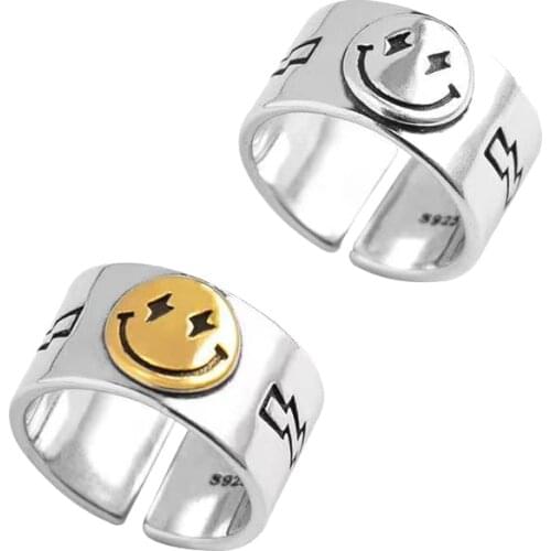 2021 korean fashion vintage smiley face paired punk couple rings for women men wide adjustable lovers trend best friends anillos