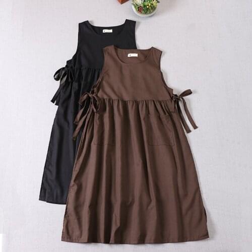 Japan Style Mori Girl Solid Color Vest Dress New Spring Cotton linen Sleeveless O-Neck Dress Women