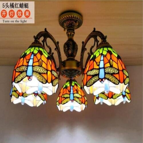 Tiffany Style Multi Heads Dragonfly Butterfly Pendant Lamp Parrot Stained Glass Hanging Light Fixture Home Decor Classical