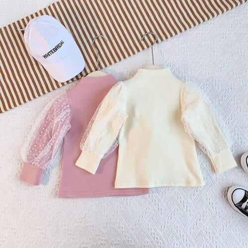 Wholesale Retail Baby Girls Dot Mesh Puff Long Sleeved Bottom Shirts Fashion Kids Princess Tops Sweaters Children Clothes
