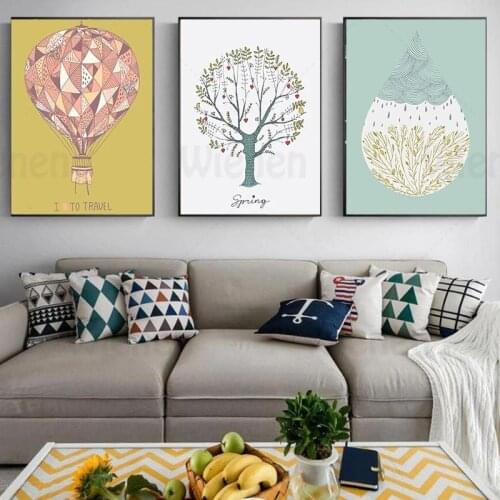 Hand-Painted Cartoon Canvas Art Painting Water Drop Hot Air Balloon Tree Line Drawing Picture Wall Art Nursery Decor Home Decor