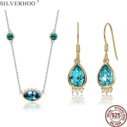 SILVERHOO 925 Sterling Silver Jewelry Set For Women Teardrop Pendant Necklaces With Water Drop Earrings Demon Eye Series 2020
