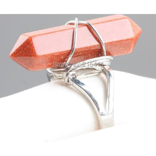 TUMBEELLUWA Hexagon Prism Gold Sand Gem Stone Healing Chakra Beads Finger Ring Jewelry US 7.25 for Men Women Gift