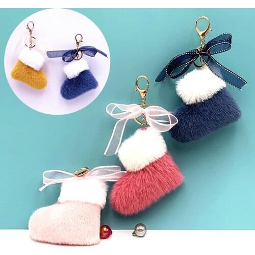 Cute Boots with Bow Keychain Faux Fur Key Chain Cartoon Bag Pendant Key Holder Plush Car Key Ring Women Gift