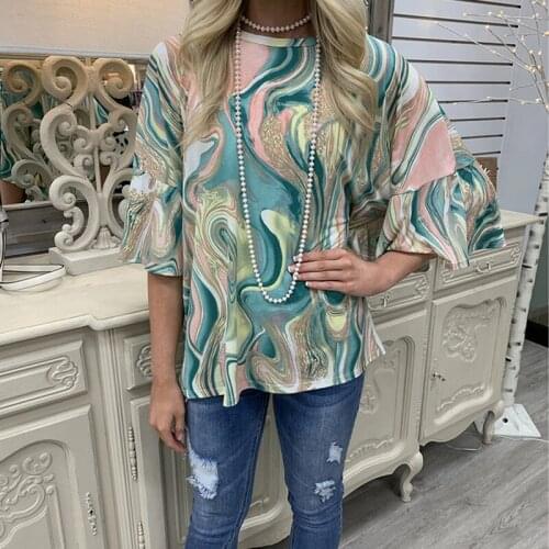 Tie Dye Flare Long Sleeve O Neck Women T Shirt Casual Loose Streetwear Plus Size Tops Vintage Summer Home Wear Tee Shirts
