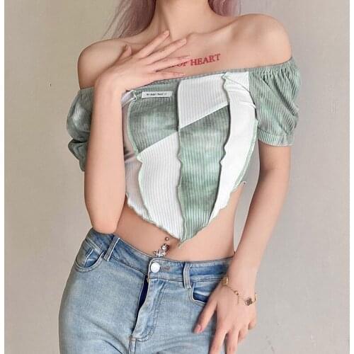 2021 Summer Slim Sexy Corp Tops Women Patchwork Slash Neck Puff Sleeve Tie Dye T Shirt Ledies Vintage Slim Tshirts