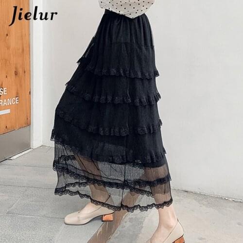 Jielur Womens High Waist Pleated Lace Patchwork Mesh Skirts Long 2021 Elegant Lady Summer A-line Skirts Casual Sweet Black Saia