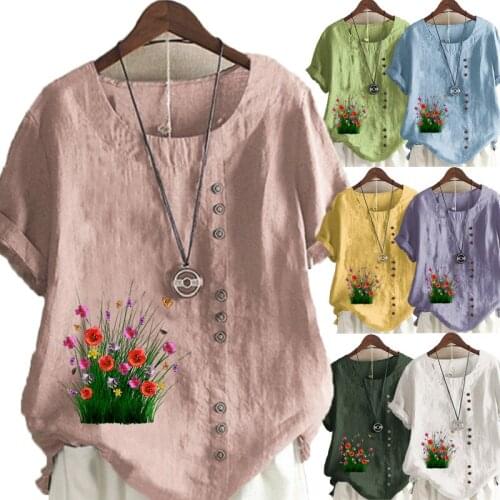 Womens New Fashion Summer Flower Printed Round Neck Short Sleeve T-shirt Casual Loose Solid Color Blouse Tops Plus Size