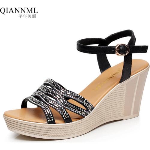 Big Size Womens Genuine Leather Shoes Summer Platform Sandals 2021Rhinestone Wedges Sandals Women Silver Wedding Shoe 42