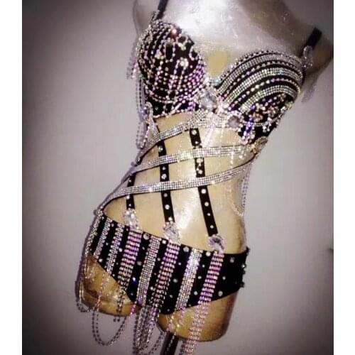 Bling Crystals AB Rhinestones Chains Womens Sexy Costumesarty Outfit Bodysuits Short Costumes Stage Dance Nightclub Wear