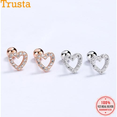 Trustdavis Real 925 Sterling Silver Romantic Heart Shiny CZ Beads Screw Stud Earrings For Women Wedding Fine Jewelry Gift DA2249