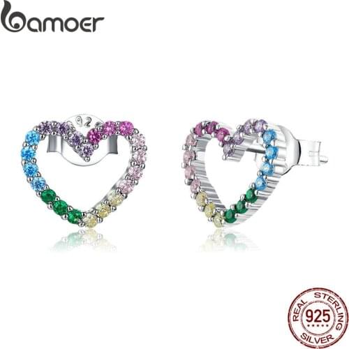 Bamoer Pink Heart Stud Earrings for Women 925 Sterling Silver Rainbow Amour Ear Studs Jewelry Birthday Gifts SCE891