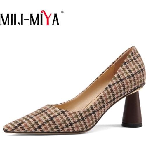 MILI-MIYA Fashion Design Women Cotton Fabric Pumps Pointed Toe Round Heels Slip On Mixed Color Dress Party Shoes Handmade
