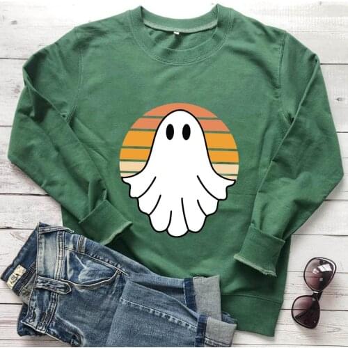 Colored Ghost 100% Cotton Sweatshirt Spooky Women Long Sleeve Halloween Holiday Party Pullovers Streetwear