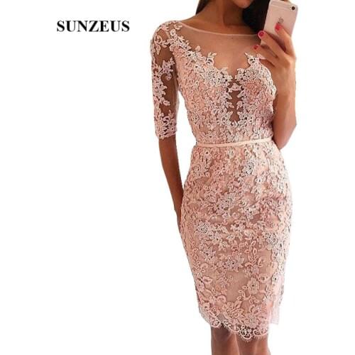 Beaded Heavy Appliques Lace Bridesmaid Dresses Sheath Knee Length Women Party Gowns Half Sleeves Prom Dress