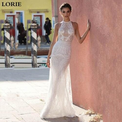 LORIE Mermaid Wedding Dresses 2019 Vestidos de novia High Neck Lace Sexy Bridal Gown Detachable Train Boho Wedding Gowns