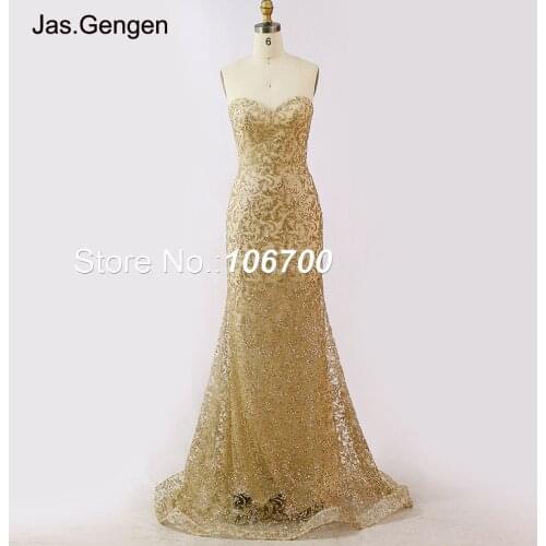 Gold Glitter Fabric Lace prom Dresses vestidos de fiesta Nude lining Sweetheart Elegant Mermaid Evening Gowns for Party 1129