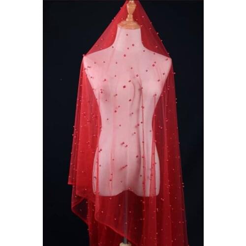 1 yard Red Tulle Lace Fabric With Pearl Bead , Soft Pearl Beaded Bridal Lace Fabric Tulle Net Fabric