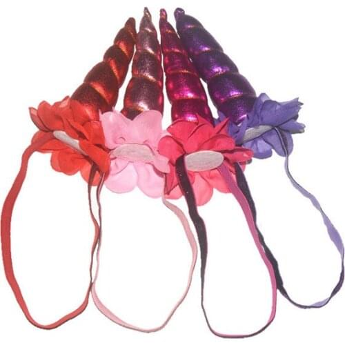 10pcs/lot 5.7'' Metallic Horn Chiffon Flower Headband Girl Birthday Party Favor DIY Boutique Hair Accessories 24 Colors