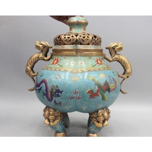 20" Chinese Bronze Copper Cloisonne Enamel Dragon phoenix Incense Burner Censer