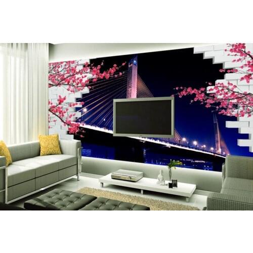 3d wallpaper custom 3d wall murals wallpaper Plum blossom TV setting wall cross-sea bridge night white brick wall 3d living room