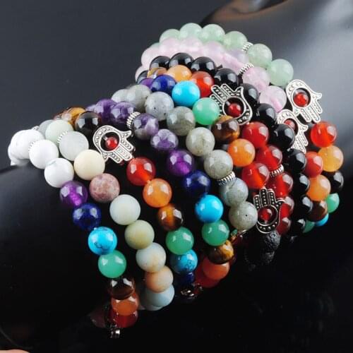 5Pcs Natural Stone Bangle Amazonite Volcano Quartz Round 8mm Beads Palm Stretch Bracelet For Women Girls Jewelry 7 inches QBK328