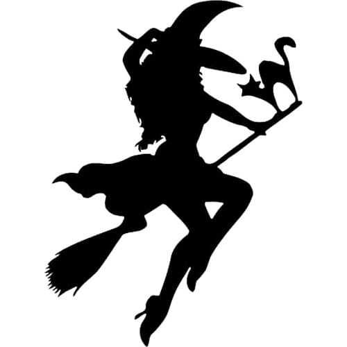 Halloween Witch Flying On Broom Vinyl Decal Car Sticker Black/Silver Accessories 10.3*14cm T-00344