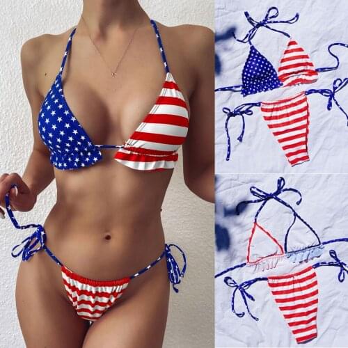 Summer bikini womens high waist one piece gradual change independence day print womens split Bikini Swimsuit 2021Swimsuit Girl