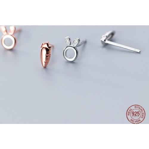LKO 925 Sterling Silver Jewelry Women Asymmetrical Animal Rabbit Carrot Stud Earrings Gift For Teen Girls Kids Lady Ear Jewelry