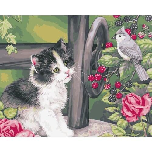 MaHuaf-i147 cat and bird animal DIY Coloring by Numbers Digital Oil Painting Hand-painted Painting for Children Room Decoration