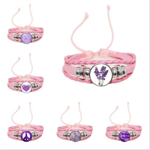 Fashion Purple Lavender Bracelet Glass Dome Bracelets for Women Girls Friendship Jewelry Multi-layer Snap Button Bangle Gift
