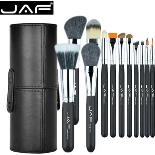 JAF Brand 12pcs Makeup Brushes Kit Holder Tube Convenient Portable Leather Cup Natural Hair Synthetic Duo Fiber Studio J1204MCB
