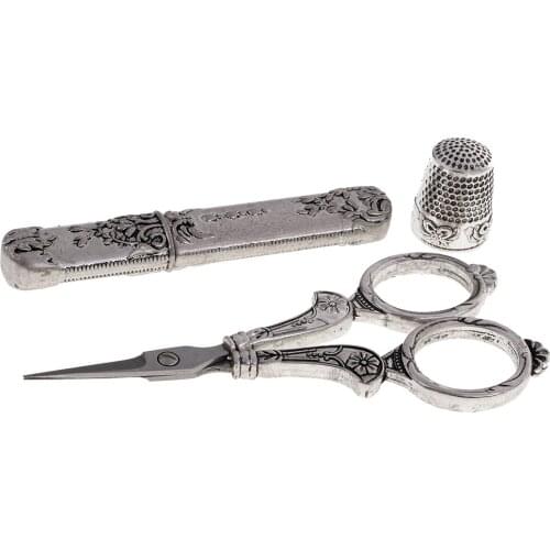 3 Pieces European Vintage Floral Style Tailors Embroidery Scissor Thimble Needle Case Sewing Tool Kit
