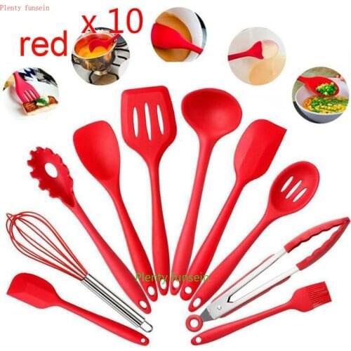 10pcs/set Kitchen Utensils Set Silicone Cooking Utensil Non-stick Spatula Ladle Slotted Spoon Tongs Pasta Fork cooking Tools